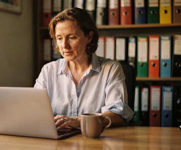 Generated photograph of a care home manager working at her desk