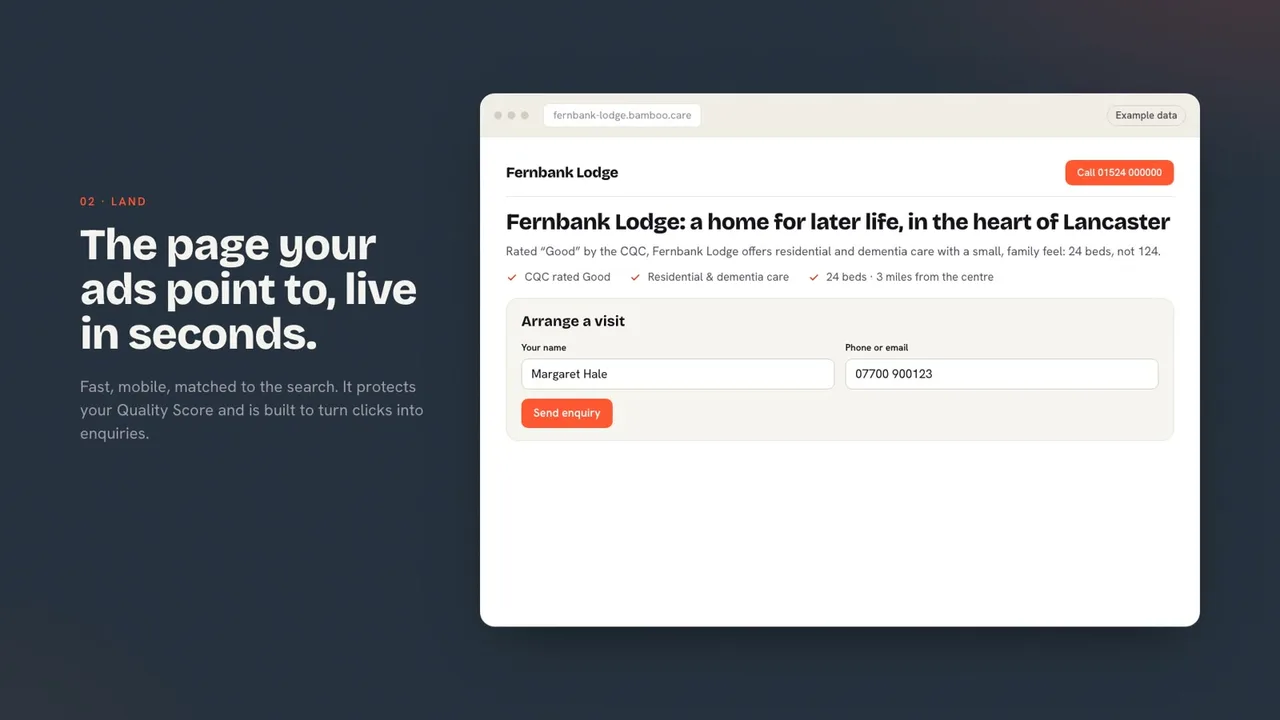 A bamboo-hosted landing page for a care home