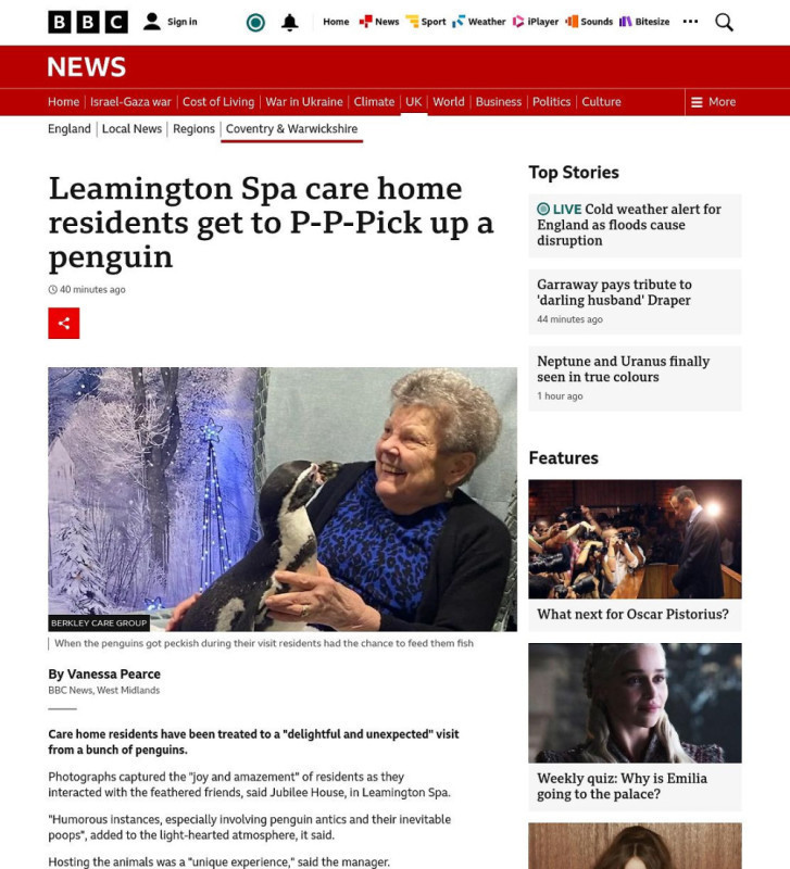 Press coverage: Penguins visit Birmingham care home and bring joy to residents