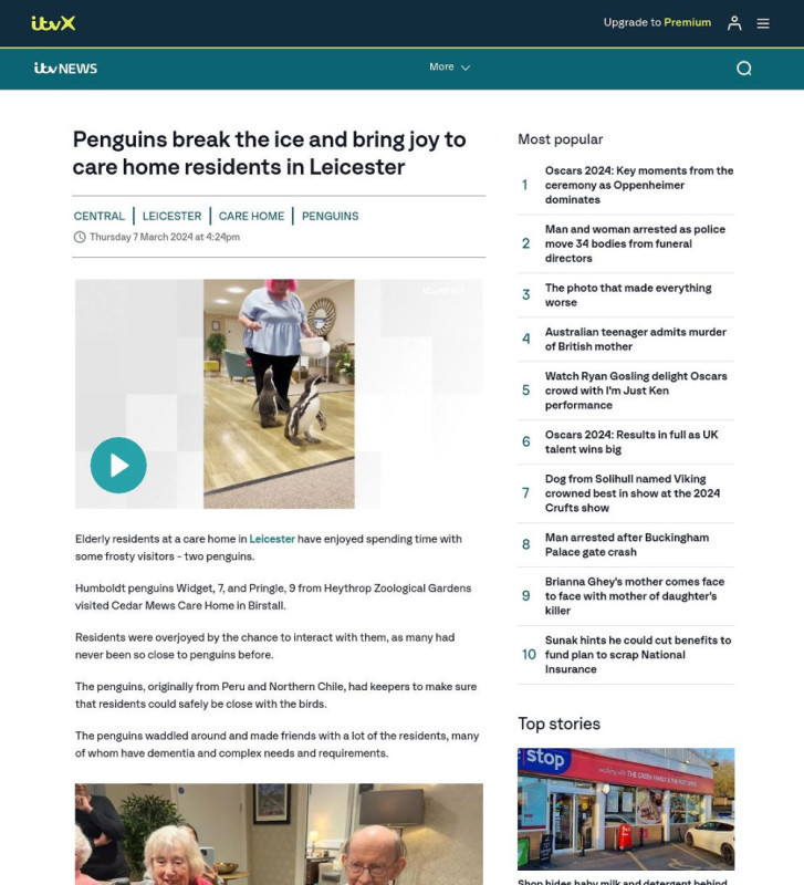 Press coverage: Penguins break the ice and bring joy to care home residents