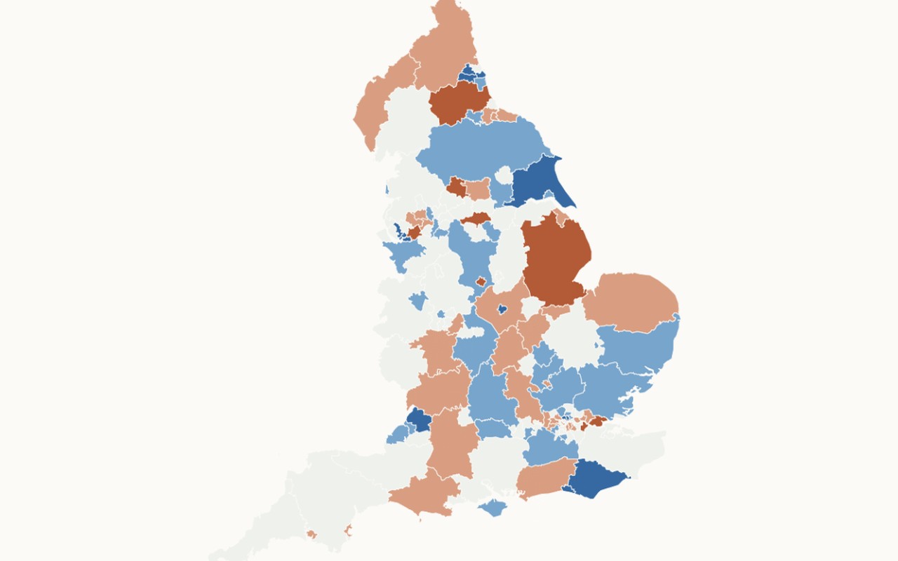 Map of England shaded by age-adjusted adult social care spend per adult, showing wide variation between neighbouring local authorities