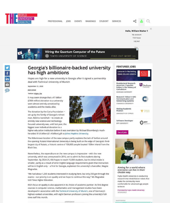 Kutaisi International University featured in Times Higher Education