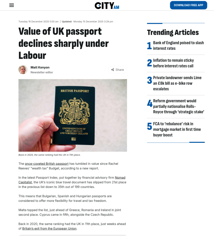 Press coverage: Value of UK passport declines sharply under Labour as wealthy look to leave