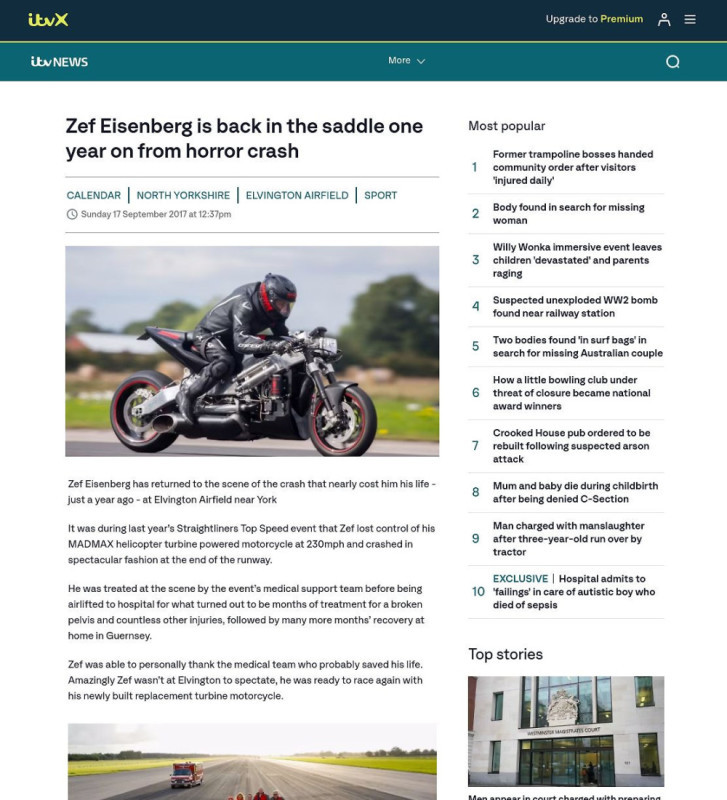 Press coverage: Zef Eisenberg is back in the saddle — one year on from horror crash