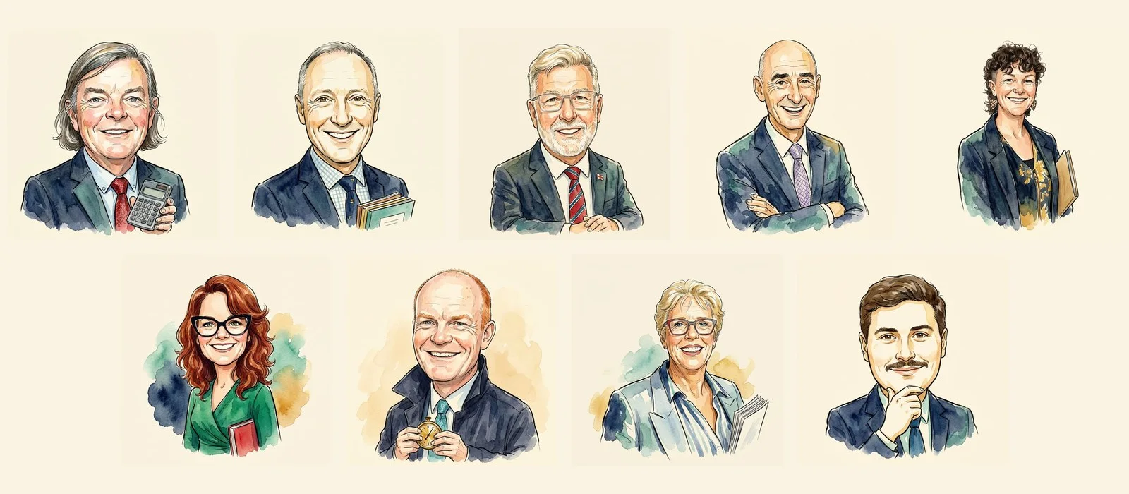 Watercolour cartoon portraits of the nine deputies discussed in this piece, drawn by AI from public photographs